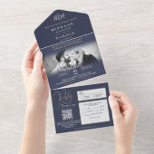 Blauw Monogram Alles in één bruiloft Uitnodiging (Afscheurbaar)