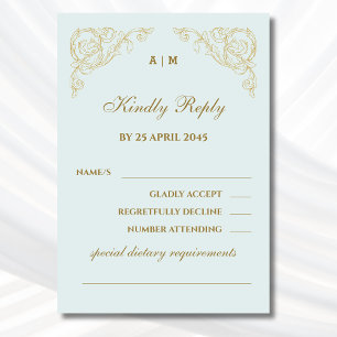 Blauw Monogram Barok Huwelijk RSVP Kaart