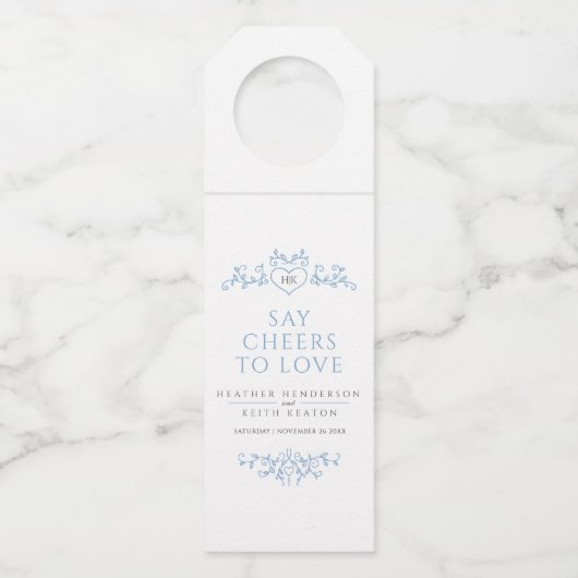 Blauw-monogram-blauw-witte bruiloft flessenhanger (Voorkant)