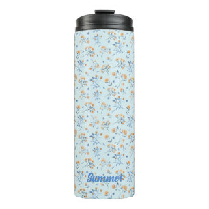 Blauw Monogram Bloemen Patroon Thermische Tumbler Thermosbeker