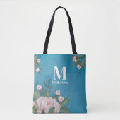 Blauw Monogram Blush Roze Bloemen Custom Draagtas (Voorkant)