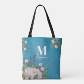 Blauw Monogram Blush Roze Bloemen Custom Draagtas (Achterkant)