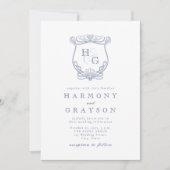 Blauw  Monogram Bruiloft Kaart (Voorkant)