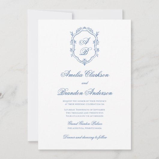 Blauw Monogram Crest & Formele Script Wedding Kaart (Voorkant)
