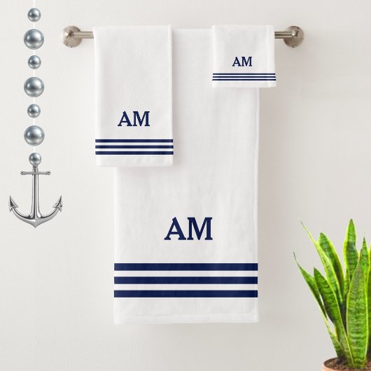 Blauw monogram & drie strepen op wit bad handdoek