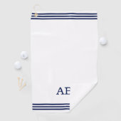 Blauw monogram & drie strepen op wit golfhanddoek (Insitu)