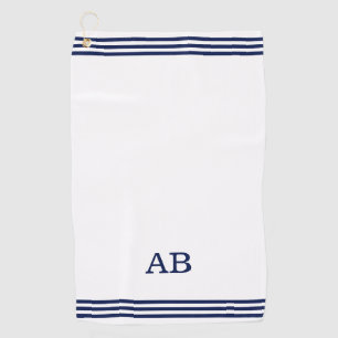 Blauw monogram & drie strepen op wit golfhanddoek