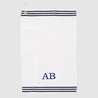 Blauw monogram & drie strepen op wit golfhanddoek