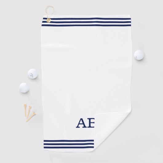 Blauw monogram en drie strips op wit golfhanddoek (Insitu)