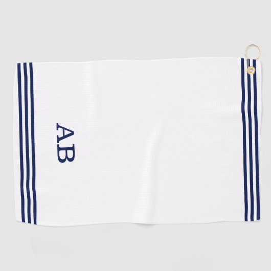 Blauw monogram en drie strips op wit golfhanddoek (Horizontaal)