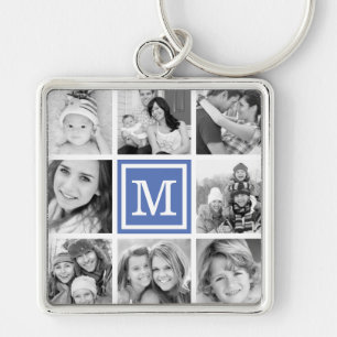 Blauw monogram fotocollage sleutelhanger