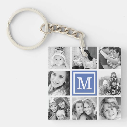 Blauw monogram fotocollage sleutelhanger (voorkant)
