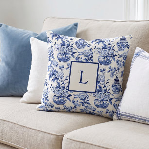 Blauw monogram Frans landelijk kussen
