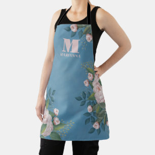 Blauw Monogram Gepersonaliseerde Roze Bloemen Roze Schort