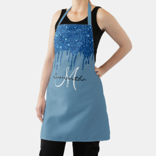 Blauw monogram glitterslierten metaalachtig schort