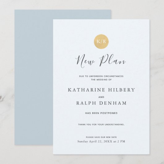 Blauw Monogram Huwelijk Nieuw Plan Aankondiging (Voorkant / Achterkant)