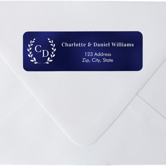 Blauw monogram initiaal krans retouradres etiket