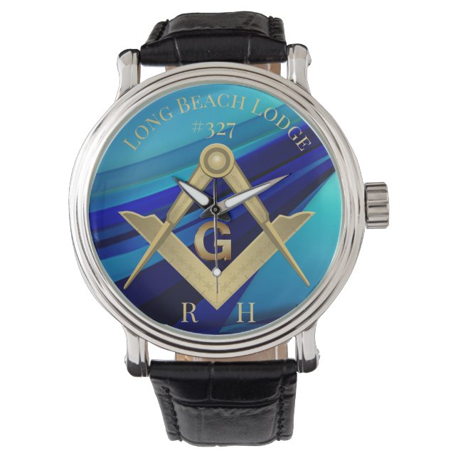 Blauw Monogram Masonic Lodge Horloge (Voorkant)