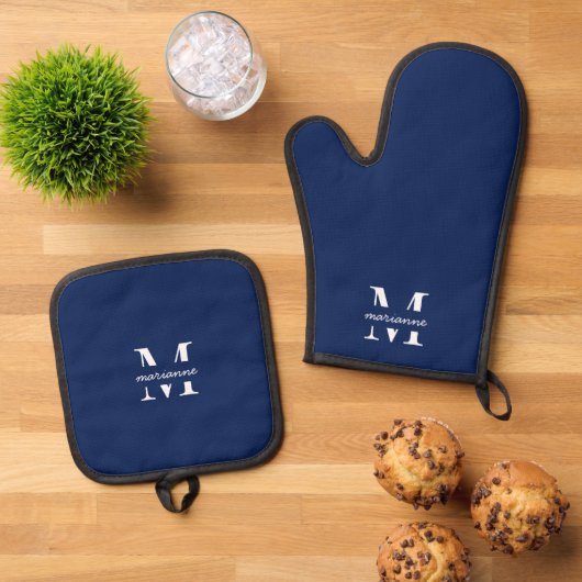 Blauw Monogram Naam Initiaal Eenvoudige Duidelijke Ovenwant & Pannenlap Set (Top down)