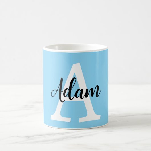 Blauw Monogram Naam Script Persoonlijk Ontwerp Koffiemok (Center)
