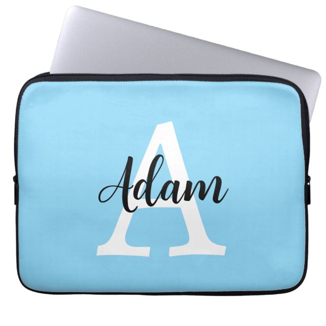 Blauw Monogram Naam Script Persoonlijk Ontwerp Laptop Sleeve (Voorkant)