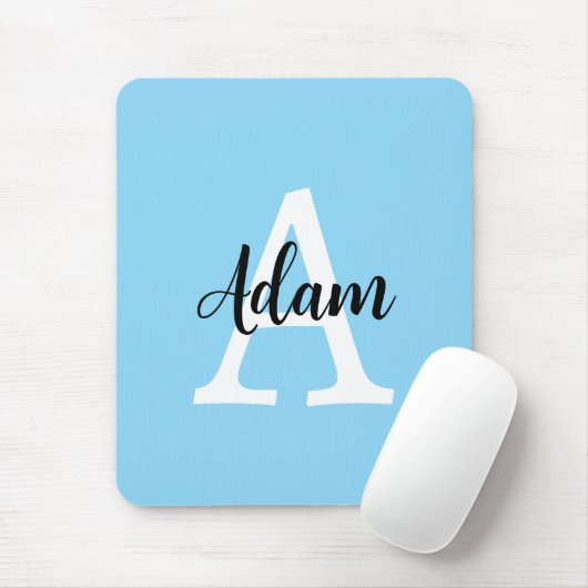 Blauw Monogram Naam Script Persoonlijk Ontwerp Muismat (Met muis)