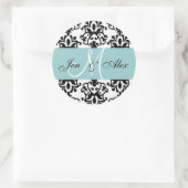 Blauw Monogram Namen Damask Bruiloft Seal Ronde Sticker (Tas)