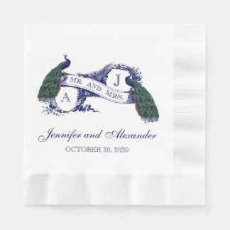 Blauw Monogram Pauw Trouwpapier Servetten