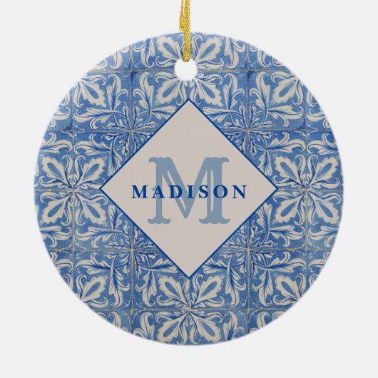 blauw monogram Portugese tegels Keramisch Ornament (Achterkant)