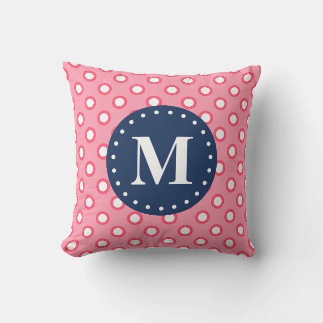 Blauw monogram roze pols patroon kussen (Voorkant)