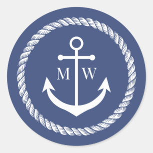 Blauw monogram voor anker en touw ronde sticker