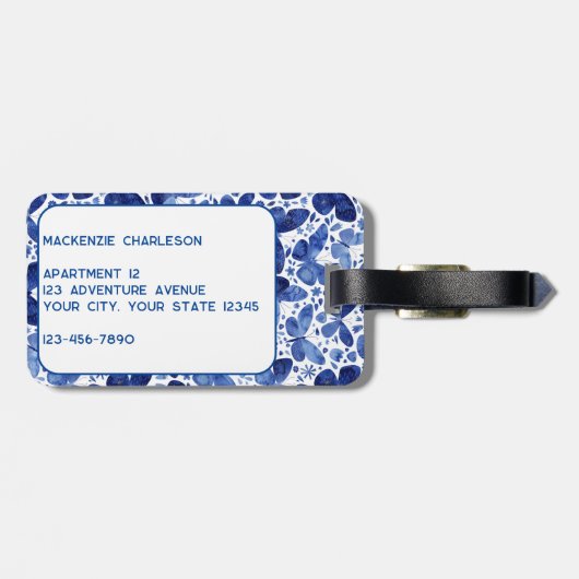 Blauw monogram Waterverf vlinder Bagagelabel (Achterkant horizontaal)