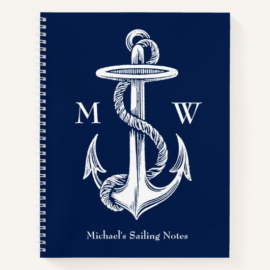  blauw monogram witte anchor Rope Navy Notitieboek (Voorkant)