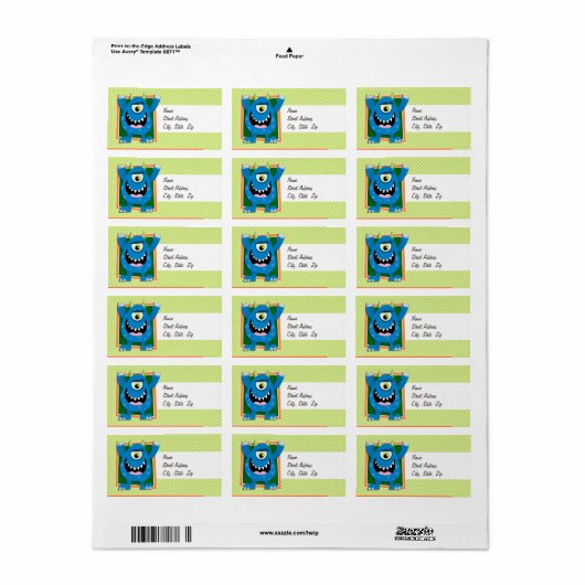 Blauw Monster op Lime Groene & Witte Strepen Etiket (Full Sheet)
