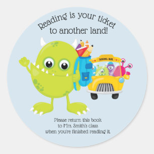Blauw monster schoolbus klas lokaal leraar boek ronde sticker