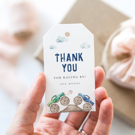 Blauw Monster Trucks Verjaardag Cadeaulabel