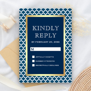 Blauw Moors Vierbladpatroon Bruiloft RSVP Kaartje