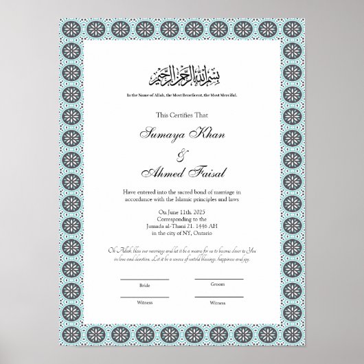 blauw moslim nikkah certificaat poster (Voorkant)