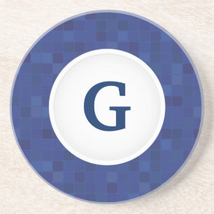 Blauw mozaïekpixelpatroon gepersonaliseerd monogra zandsteen onderzetter