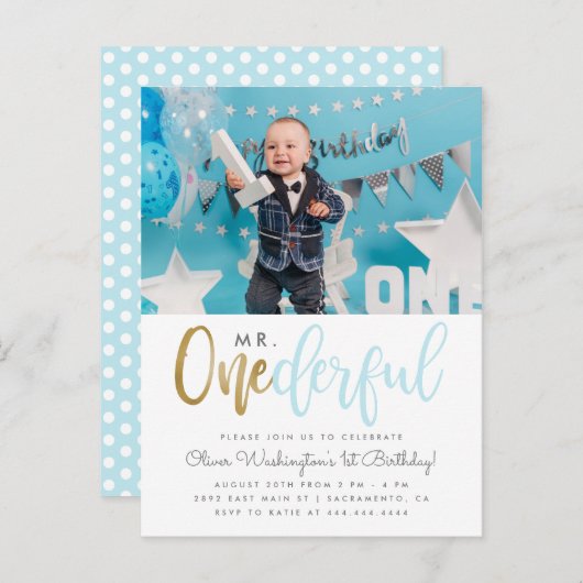 Blauw Mr. Onederful Script Foto 1e Verjaardag Uitnodiging Briefkaart (Voorkant / Achterkant)