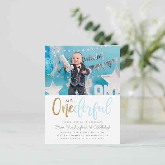 Blauw Mr. Onederful Script Foto 1e Verjaardag Uitnodiging Briefkaart (Staand voorkant)