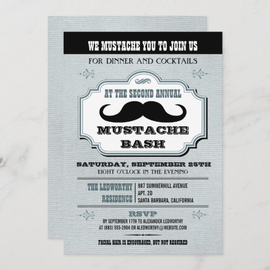 blauw Mustache Bash Kaart (Voorkant / Achterkant)