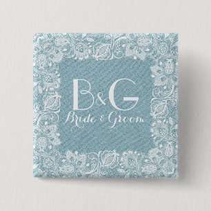 Blauw namaaklinnen en witte bloemslace vierkante button 5,1 cm