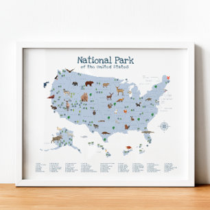 Blauw Nationaal Park Kaart Woodland Nursery Print