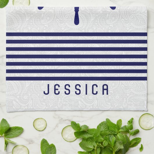 Blauw Nautical Boat Wheel en Stripes Theedoek (Gevouwen)