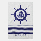 Blauw Nautical Boat Wheel en Stripes Theedoek (Verticaal)