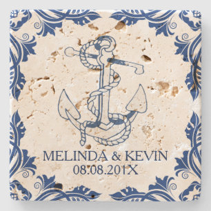 Blauw Nautisch Anker & Blauw Bloemen Lijst Lijst Stenen Onderzetter