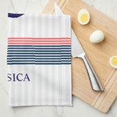 Blauw nautisch bootanker en koraal & blauwe strepe theedoek (Quarter Fold)