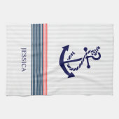 Blauw nautisch bootanker en koraal & blauwe strepe theedoek (Horizontaal)