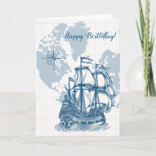 Blauw nautisch kaart verjaardagskaart